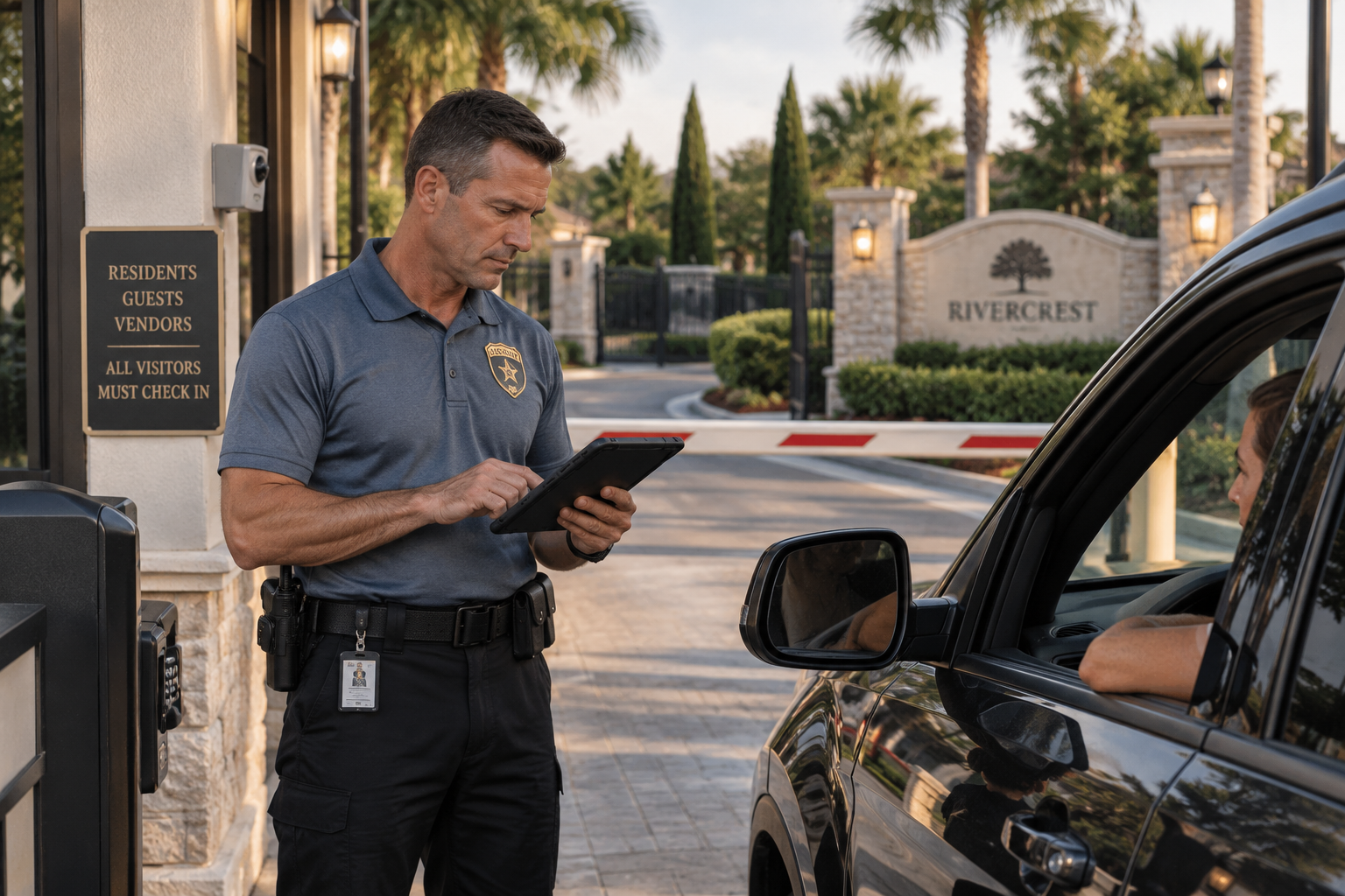 SENTRYCO gate officer verifying a visitor at a community entrance